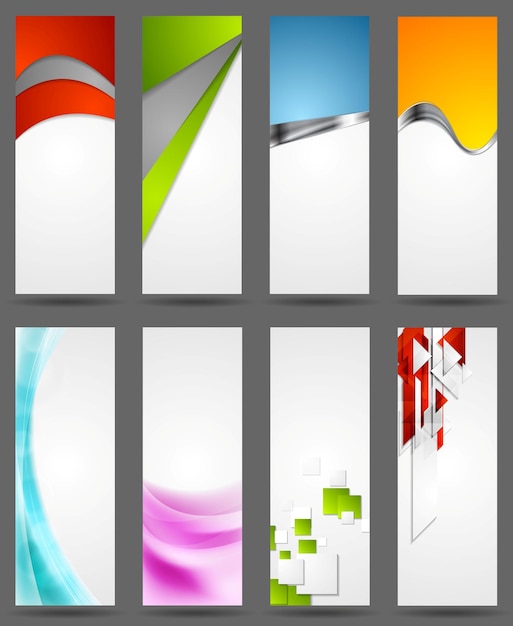 Abstract bright corporate vertical banners. Vector illustration with waves, metal elements and tech geometric shapes. Web design