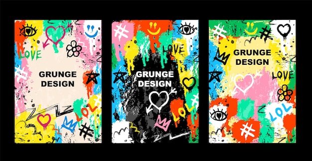 Abstract bright graffiti yk punk posters set with bricks paint drips words in graffiti style graphic