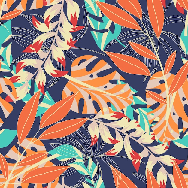 Abstract bright seamless pattern with colorful tropical leaves and plants on dark blue background