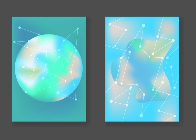 벡터 그라데이션 행성 스타더스트와 별 또는 패션 전단지 브로셔 디자인을 위한 네트워크가 있는 추상 밝은 청록색 및 녹색 우주 배경 창의적인 포스터 세트