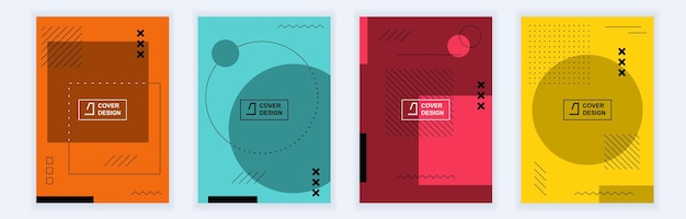 Abstract brochure covers set in modern minimal geometric design memphis style background templates with different geometry graphic shapes in a4 format for minimalistic posters vector illustration