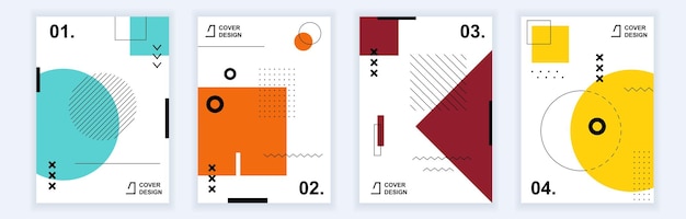 Abstract brochure covers set in modern minimal geometric design Memphis style background templates with graphic circles squares triangles dots and lines elements in A4 format Vector illustration