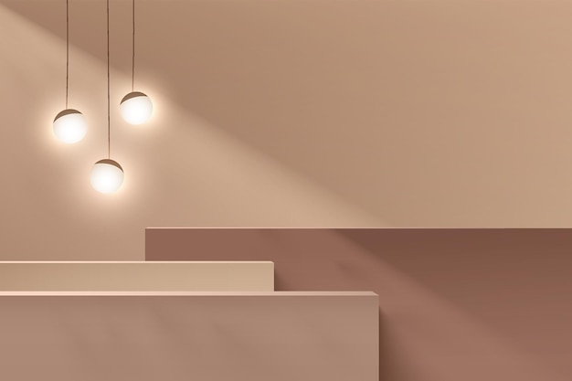 Abstract brown and beige 3D steps cube pedestal or stand podium with sphere ball hanging lamp. Minimal wall scene for cosmetic product display presentation. Vector geometric rendering platform design.