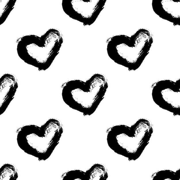 Abstract brush seamless heart pattern Ink illustration Black and whiteHand drawn seamless pattern made of vintage hearts