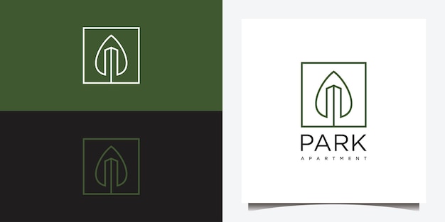 不動産のラインと緑地のコンセプトを使用した抽象的な建物のロゴデザイン