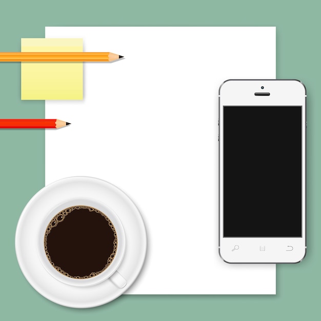 Vector abstract business background of white paper sheet, smartphone, coffee cup and pencils