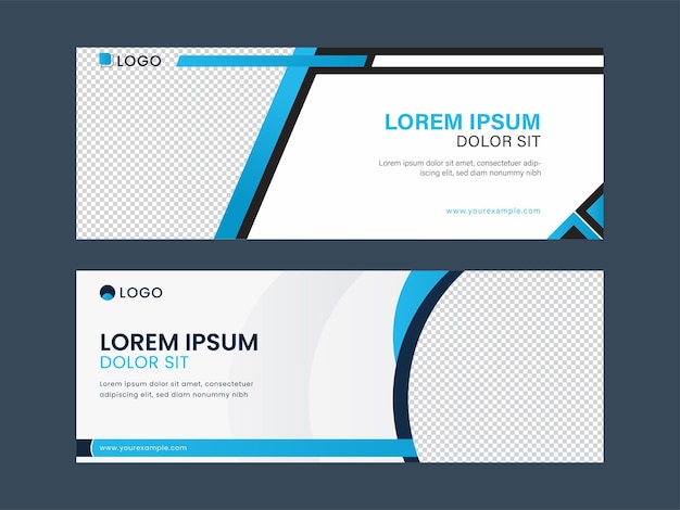 Vector abstract business banner or header design with space for text or image in blue and white color.