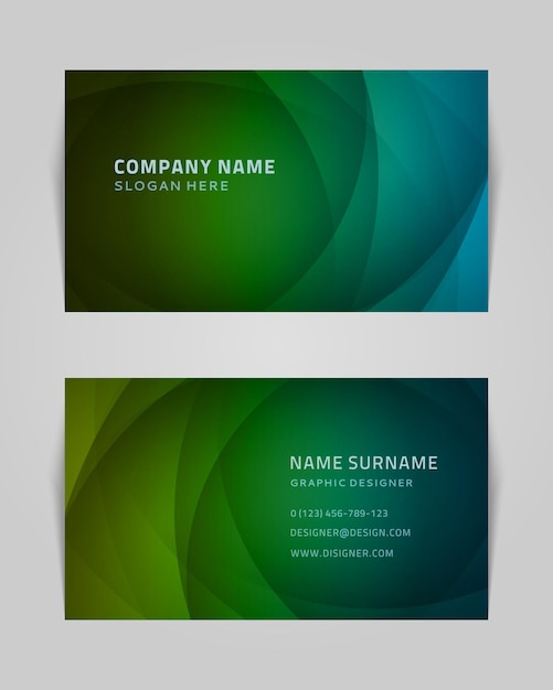 Abstract business card with spiral swirls vector template Green geometric lines futuristic gradient dance