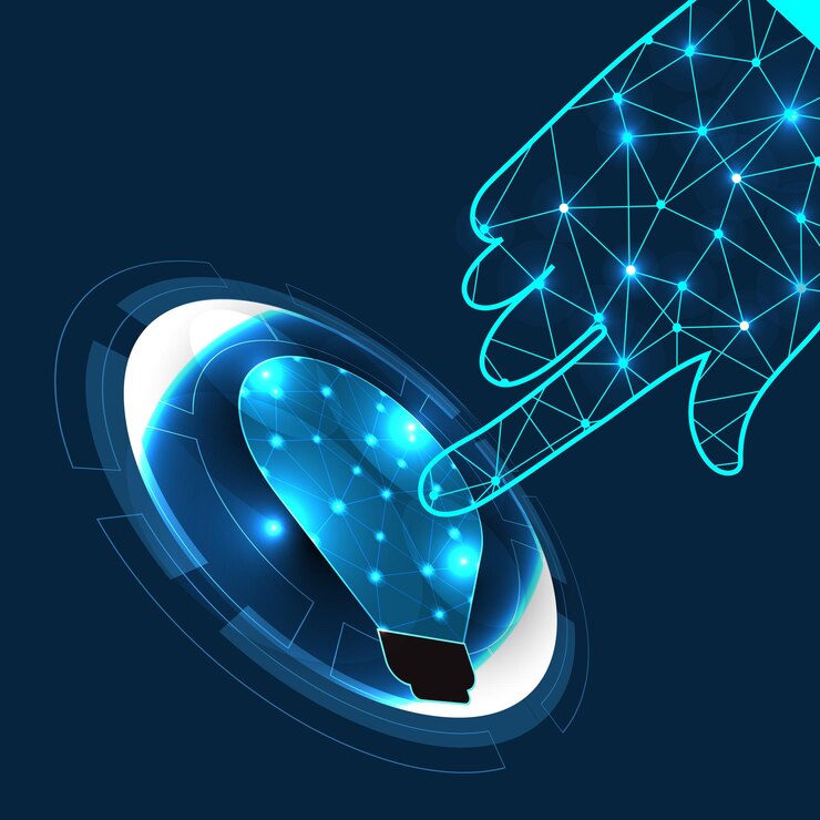 Vector abstract business concept hand forefinger digital link and light bulb on hi tech blue background