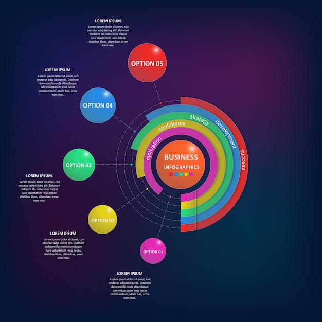 Abstract business infographics in the form of colored figures connected with each other by lines and steps.