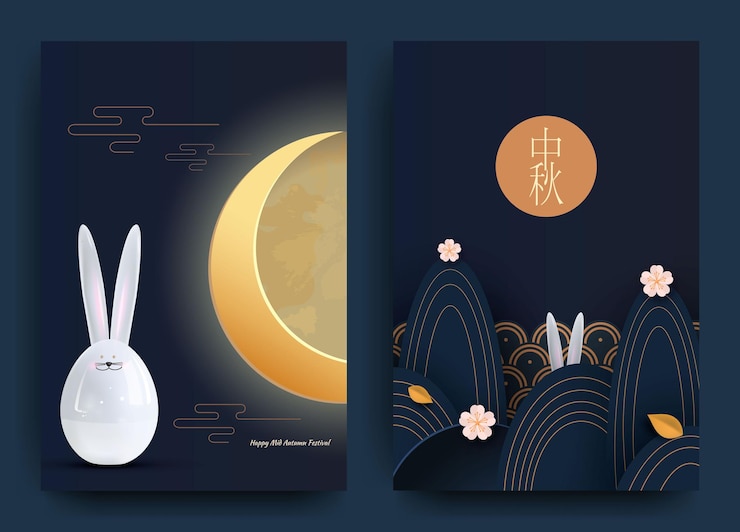 Vector abstract cards, banner design with traditional chinese circles patterns representing the full moon, autumn leaves vector illustration