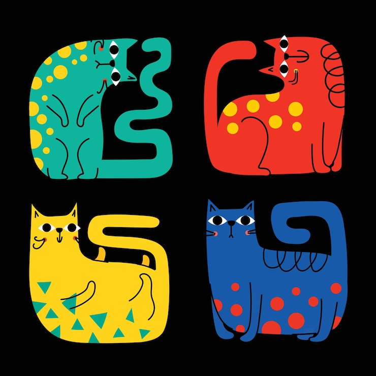 Vector 抽象的な猫とグラフィック要素は,最小限のトレンディスタイルでセットされ,手描きのドードル猫のポスト