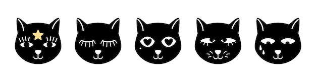 Vector abstract cats faces. magic black kitten, occult pets with diverse eyes vector set