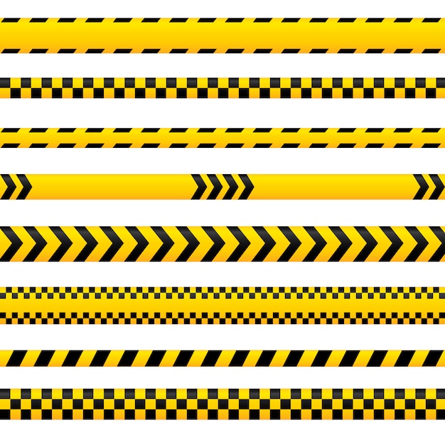 さまざまなスタイルで空の抽象的な注意テープ、黄色の危険ライン。警察、事故、障壁の兆候として使用できます。テープコレクション。