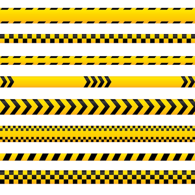 다른 스타일에 빈 추상주의 테이프, 노란색 위험 라인. 경찰, 사고, 장벽 표시로 사용할 수 있습니다. 테이프 수집.