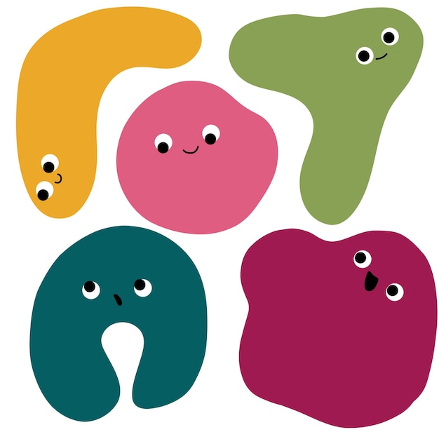 Vector abstract character shapes with face emotions different cartoon form cute colorful organic shapes