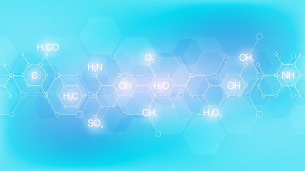 Abstract chemiepatroon met chemische formules en moleculaire structuren. Sjabloonontwerp met concept en idee voor wetenschap en innovatietechnologie.