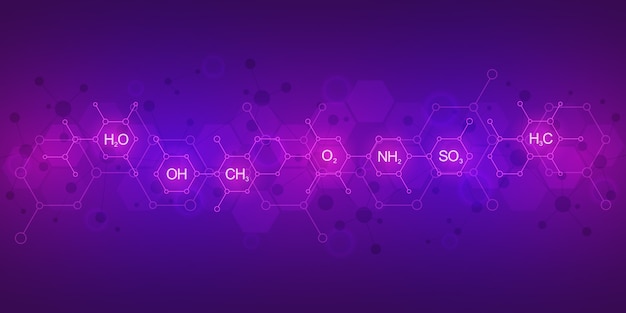 Abstract chemistry pattern on purple background with chemical formulas and molecular structures. science and innovation technology concept