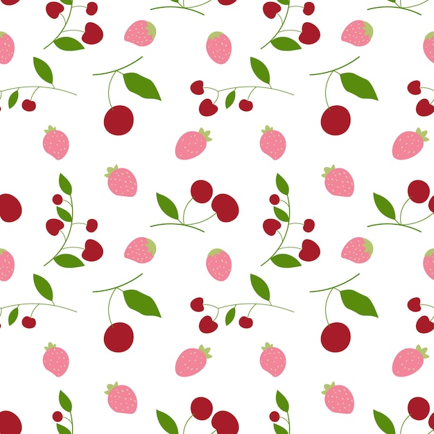 シームレスなパターンの背景で抽象的な桜とイチゴ。ベクトルイラスト。