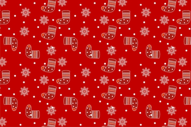 Abstract Christmas pattern design with winter socks and snowflakes Christmas element pattern vector on a red background Christmas pattern background decoration for book covers and wallpapers