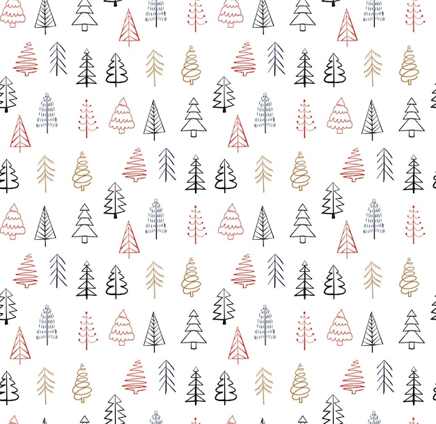 Abstract christmas seamless pattern with hand drawn christmas trees. vector illustration.