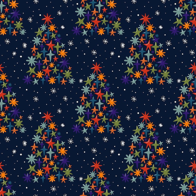 Abstract Christmas tree with snowflakes seamless pattern Vector illustration on dark blue backgroun