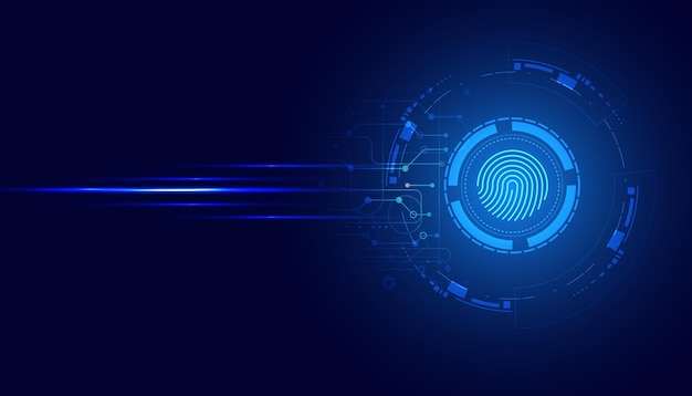 青の背景に抽象的なサークル デジタル サイバー セキュリティ指紋接続と未来的な通信