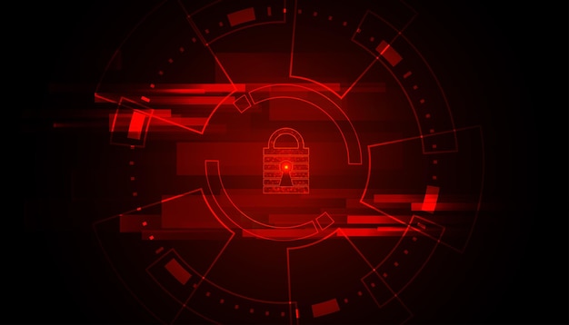 추상적 인 원형 디지털 사이버 보안 자물쇠 연결 및 빨간색 배경에 미래 통신