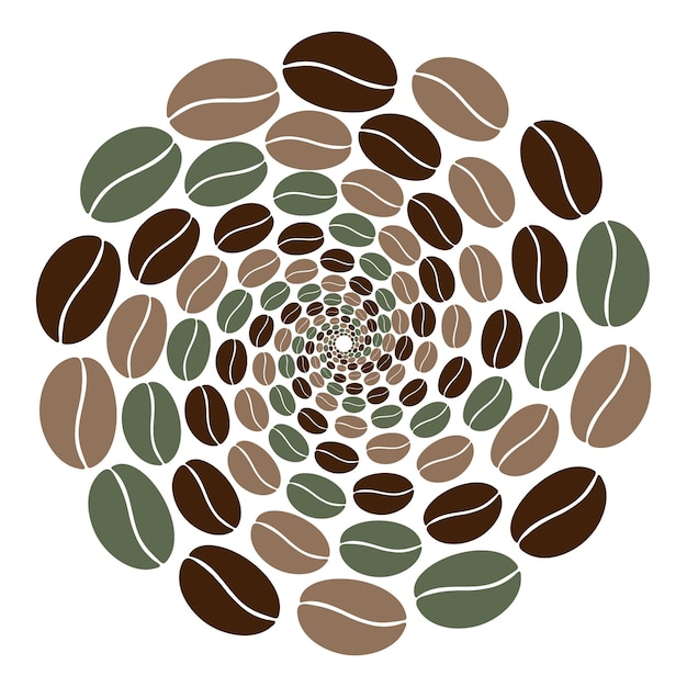 Vector abstract circle shape of multicolored coffee beans moving in a spiral in trendy brown and green