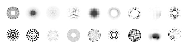 Abstract circles with dots texture. Black round dotted design elements. Spotted spray or brushes