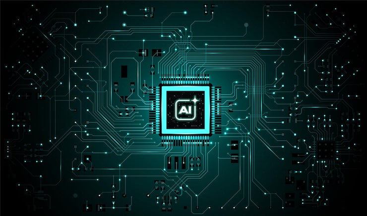 Vector abstract circuit bg glowing ai chip board lines digital vector computer tech cpu data microchip design electronic processor power futuristic network technology quantum connect light pattern