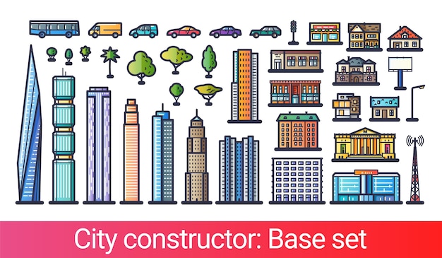 Vettore costruttore di città astratta in stile linea piatta. base impostata con icone di grattacieli, appartamenti, case, negozi, trasporti, alberi e altri edifici. compatibile con i miei altri set di costruttori di città.