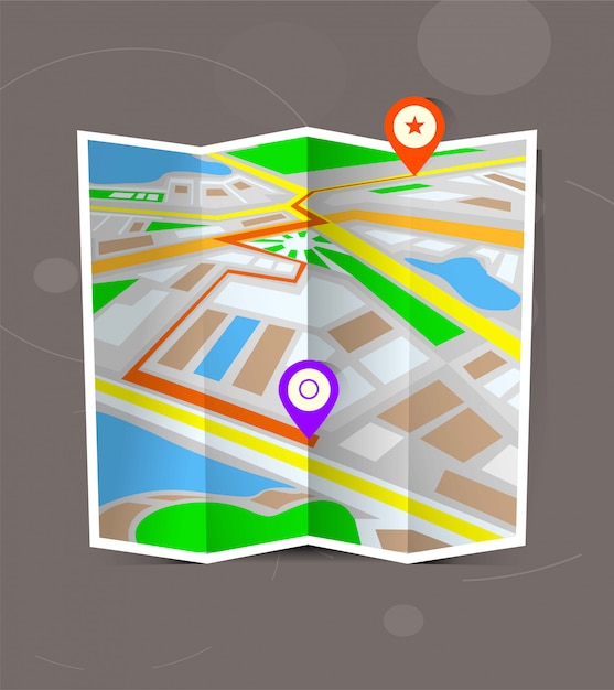 抽象的な都市位置マーカーと地図を折られました。