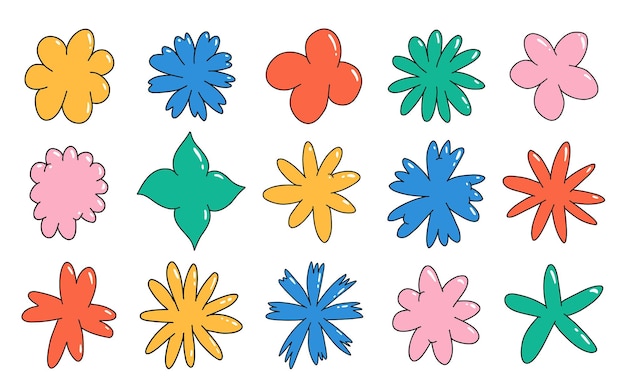 Abstract cloud and flower shapes sticker pack Groovy funky flower bubble star loop waves in trendy