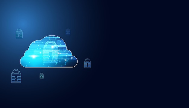 Abstract cloud storage e prevenzione della perdita di dati crittografia del lucchetto per la sicurezza informatica su sfondo blu futurismo digitale