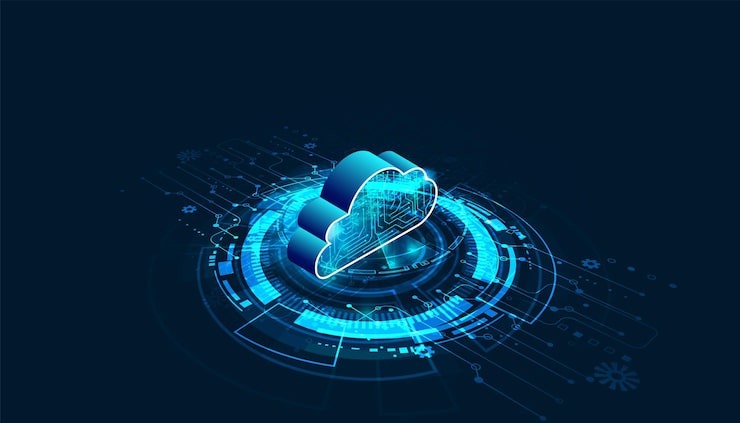 Abstract cloud technology with big data and interface concept Connection by collecting data in the cloud With large data storage systems on hi tech background