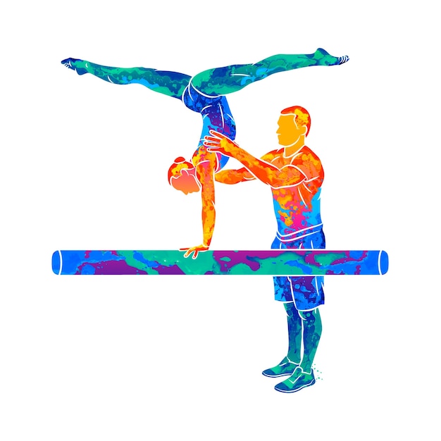 Вектор Абстрактный тренер тренирует юную гимнастку балансировать на гимнастической балке от брызг акварели