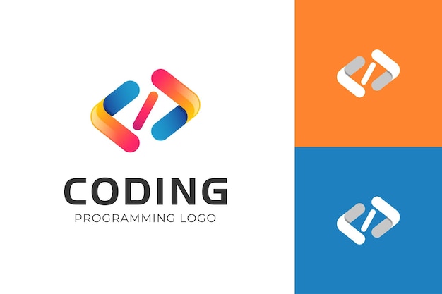 Abstract coderingslogo met codesymbool verloop en platte stijllogo's voor programmering en ontwikkeling tech startups softwareontwikkelaars webbureaus