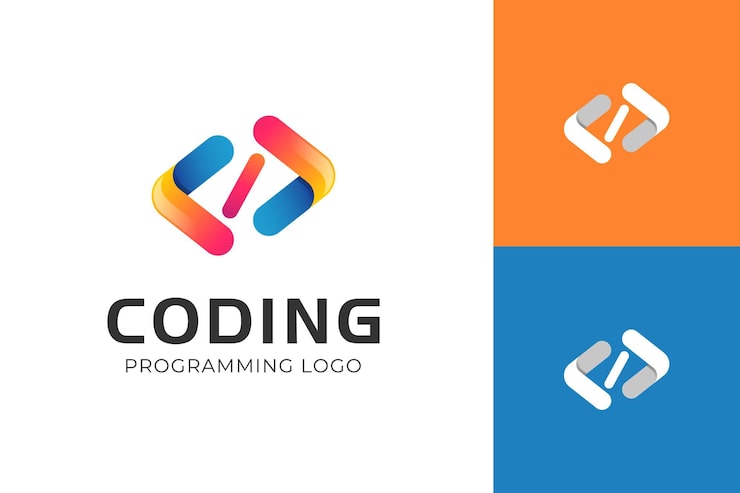 Vector abstract coding logo with code symbol gradient and flat style logos for programming and development tech startups software developers web agencies