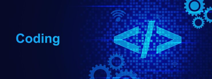 Vector abstract coding and programming banner background with digital binary data gears and digital pixels