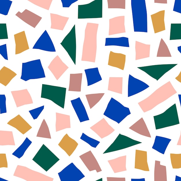 Abstract collage naadloos patroon in minimalistische trendy stijl. vector achtergrond van geometrische vormen in pastelkleuren. willekeurig gesneden stukjes papier om op stof te bedrukken, omslagontwerp