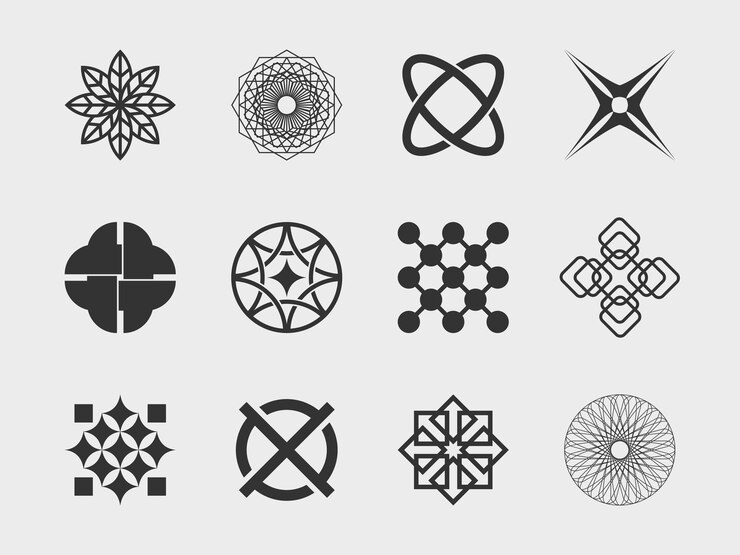 Vector abstract collection 4 graphic geometric symbols and objects in y2k style templates for notes posters banners stickers business cards logo