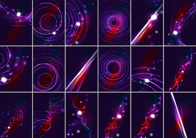 星と光の効果の背景が設定された暗い空間で抽象的な色の光る線