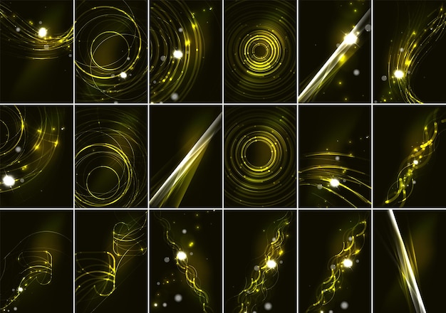 Abstract color glowing lines in dark space with stars and light effects background set