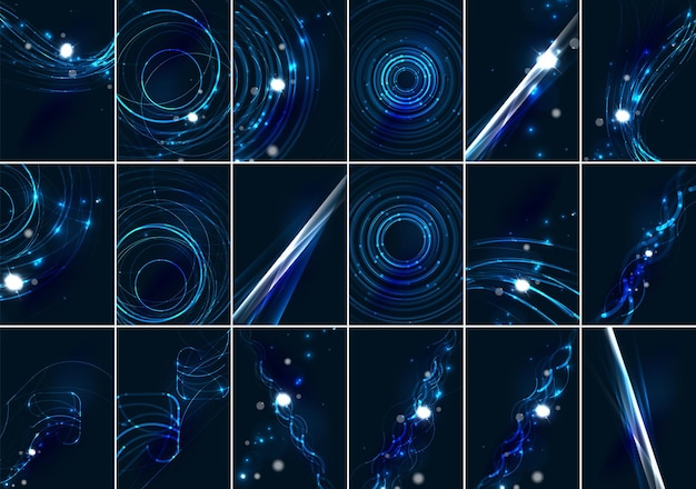 星と光の効果の背景が設定された暗い空間で抽象的な色の光る線