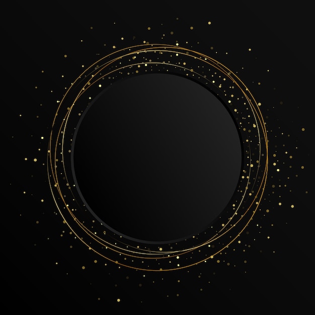Абстрактный цветной золотой элемент с эффектом блеска на темном фоне. круг черный баннер