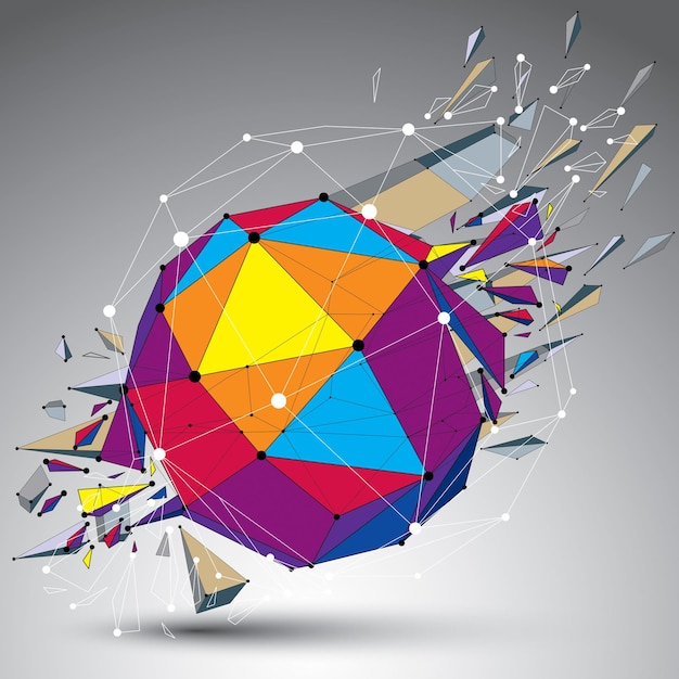 Abstract colorful 3d faceted figure with connected lines and dots. Vector low poly shattered design element with fragments and particles. Explosion effect.