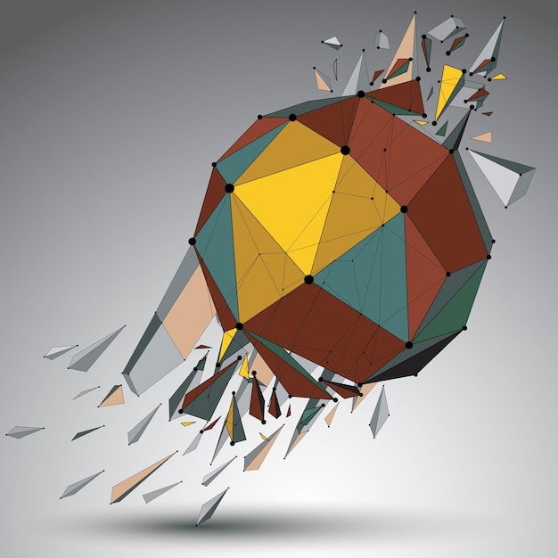 Abstract colorful 3d faceted figure with connected lines and dots. Vector low poly shattered design element with fragments and particles. Explosion effect.