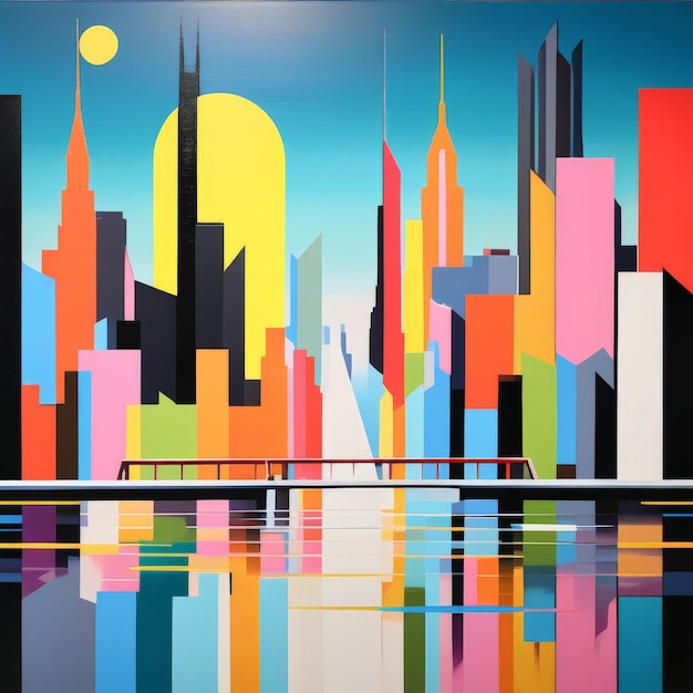 abstract colorful background with skyscrapers and reflection in water abstract colorful backgro