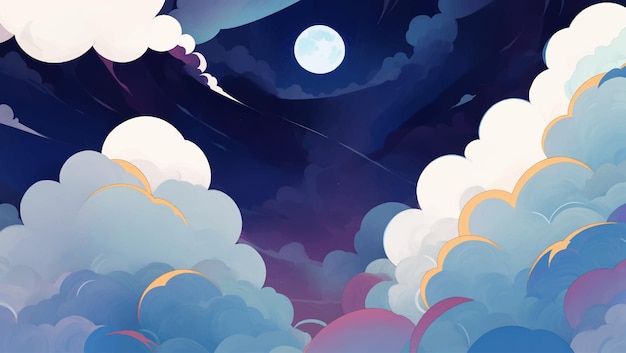 Abstract Colorful Clouds in The Night Sky with Moon Hand Drawn Painting Illustration